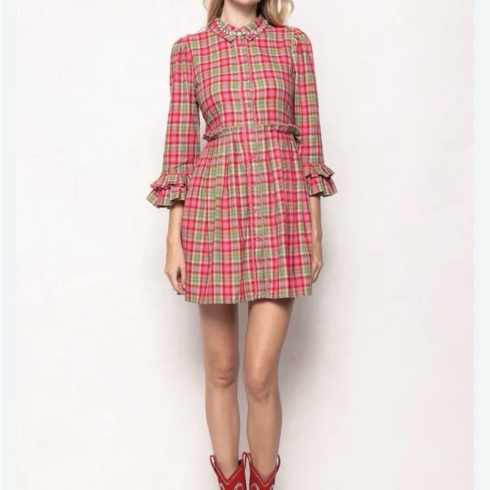 Ivy City Co Pink Plaid Ruffled-Cuff Mini Dress